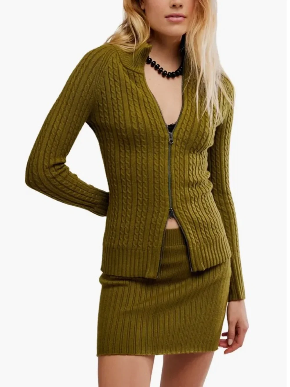 Free People Eliza Cable Zip-Up Cardigan & Rib Miniskirt Set - Picture 5 of 5